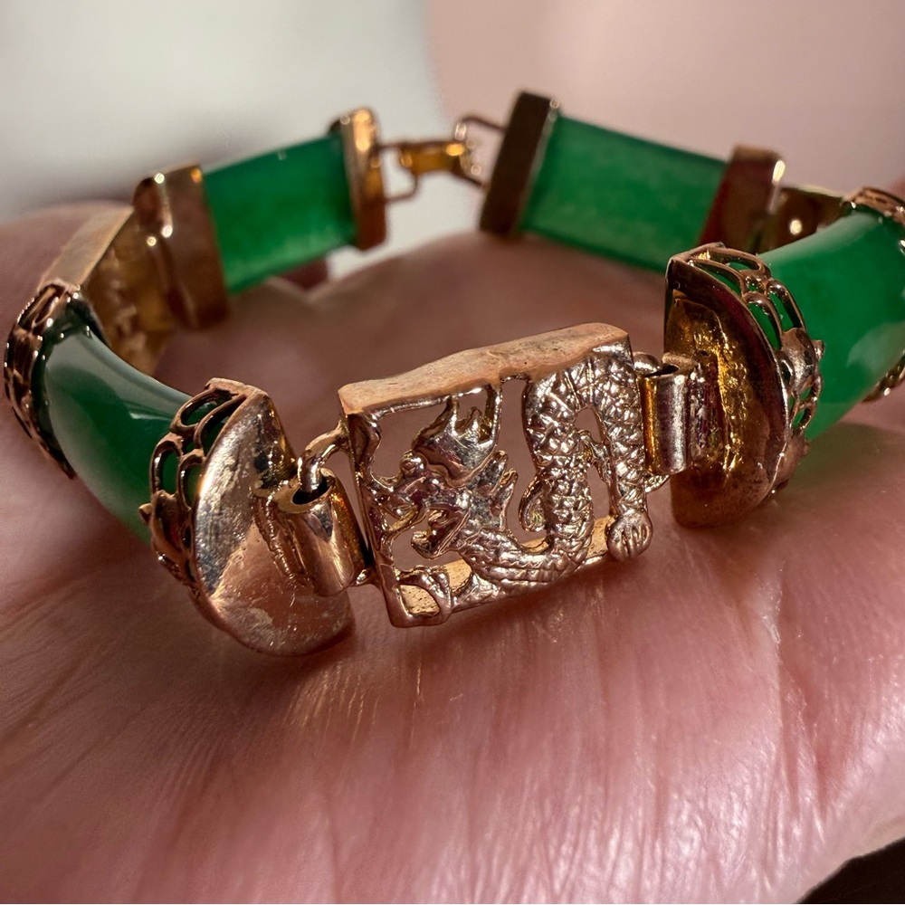 Vintage Art Deco green Jade 18k GP Gold Plated Asian Filigree Dragon Bracelet